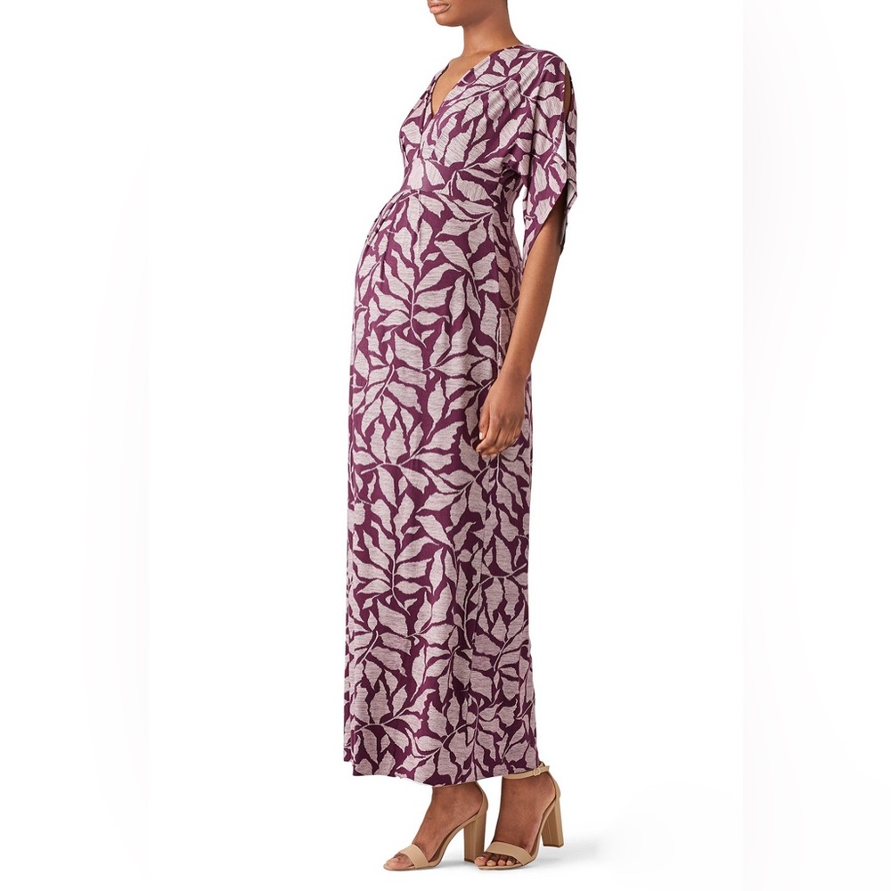 Ingrid & Isabel Plum Leaf Print Kimono Maternity Maxi Dress Size L